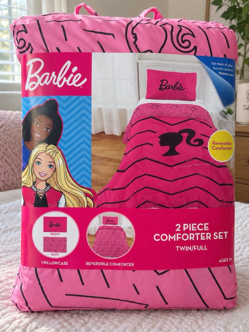 Barbie Pink Reversible Comforter Set with Black Silhouette
